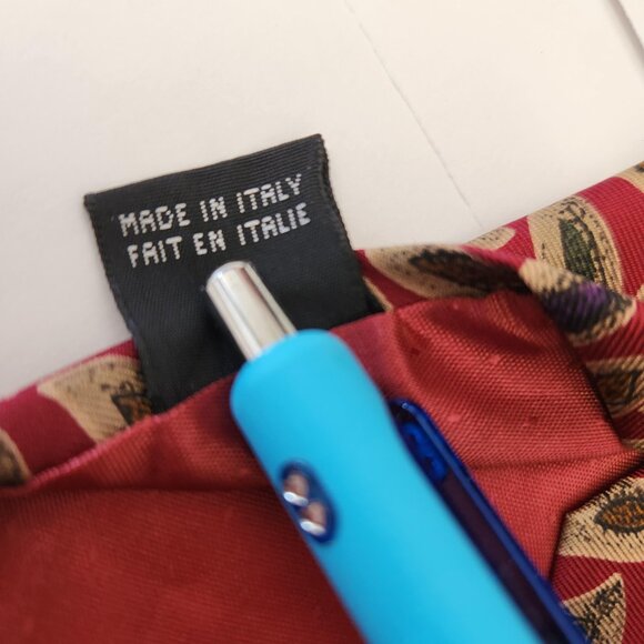 Eaton Vintage Silk Tie - Made in Italy - Leaf Pattern Red Gold Navy 100% Silk - Picture 4 of 5